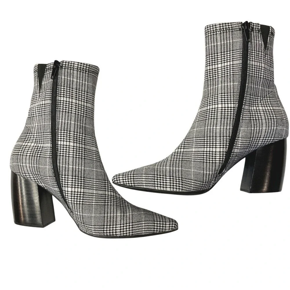 Jeffrey Campbell Glen Plaid Ankle Boot Womens 7.5 Pointed Toe Block Heel Booties